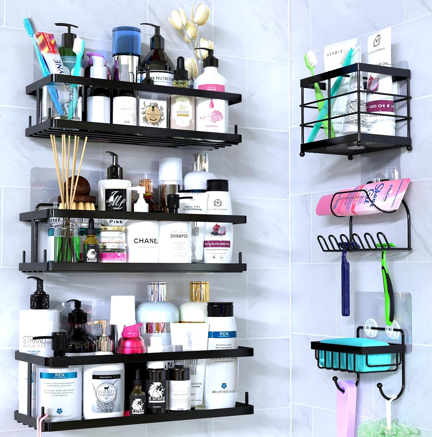 Comelyjewel Set of 6 Black Suction Cup Shower Caddy