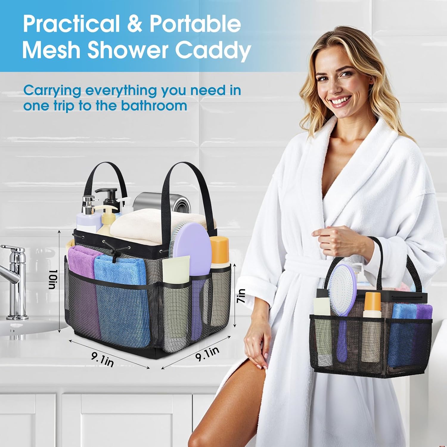 SmartTrends Large Mesh Shower Caddy with Drawstring - 1 Compartment 7 Pockets Black
