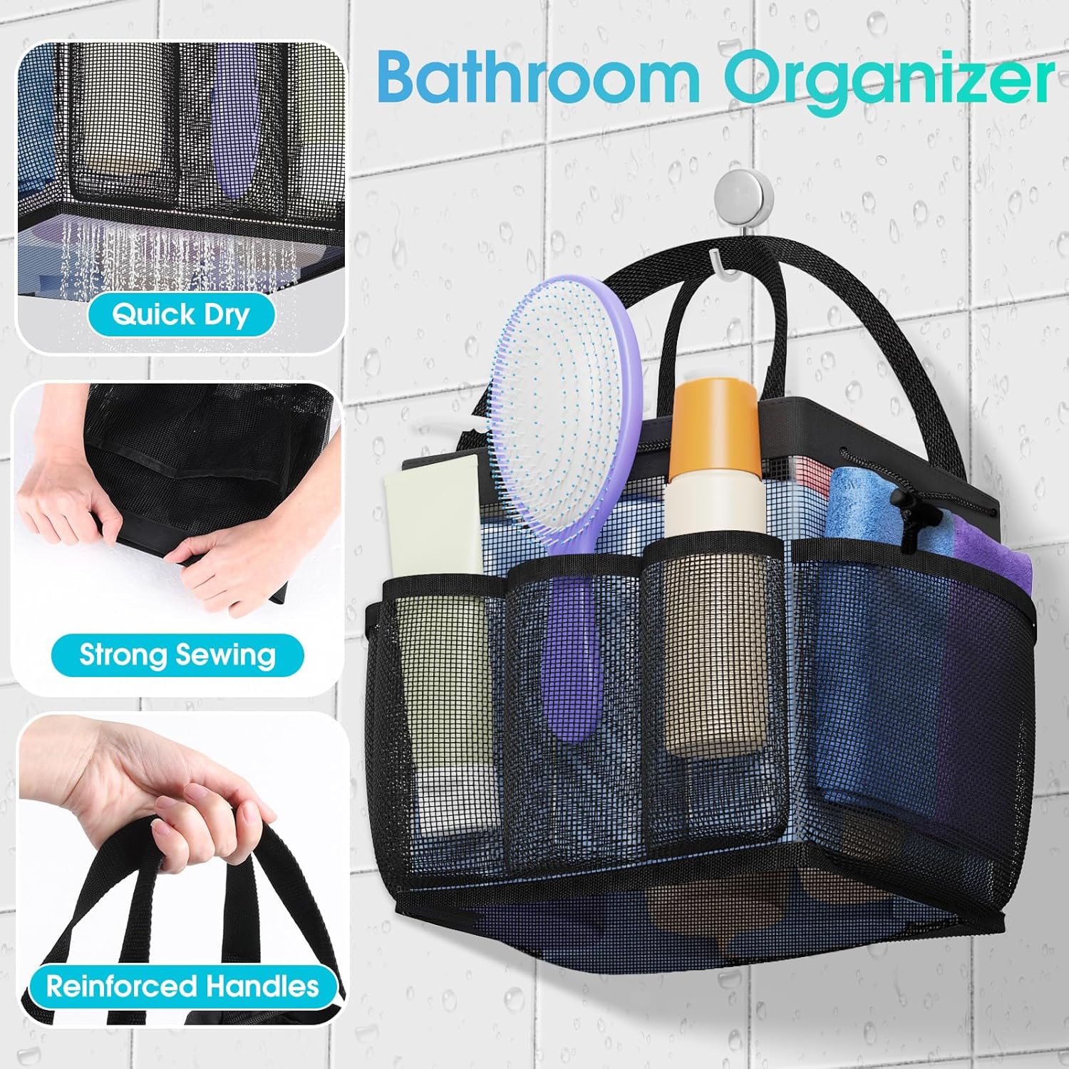 SmartTrends Large Mesh Shower Caddy with Drawstring - 1 Compartment 7 Pockets Black