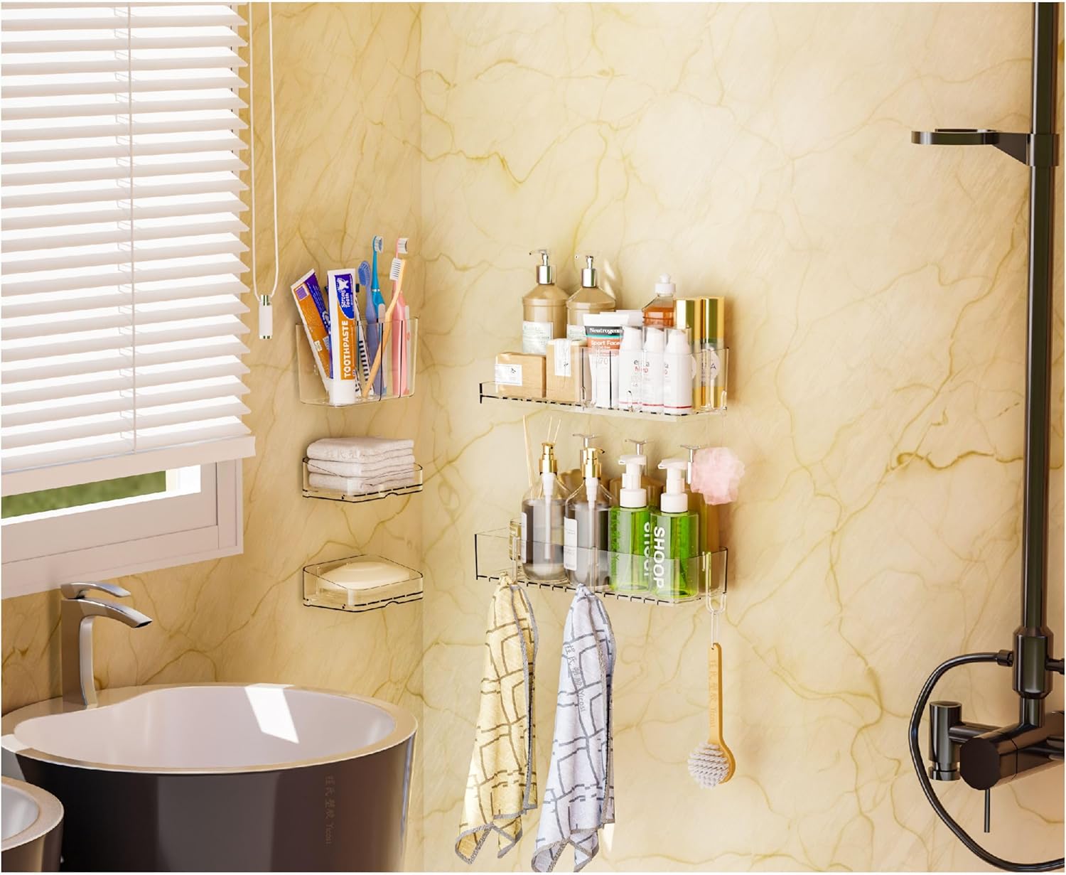 SuoXing 5-Pack Adhesive Shower Caddy with 6 Hooks
