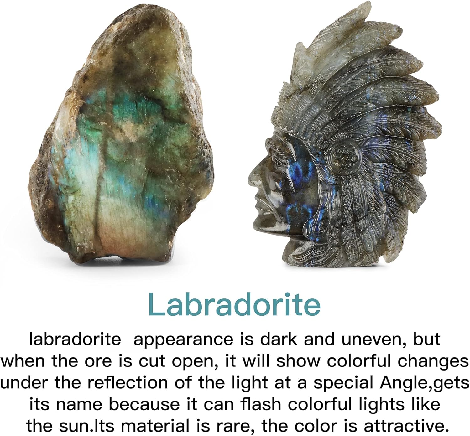 Artistone Labradorite Crystal Indian Skull Statue Hand-Carved
