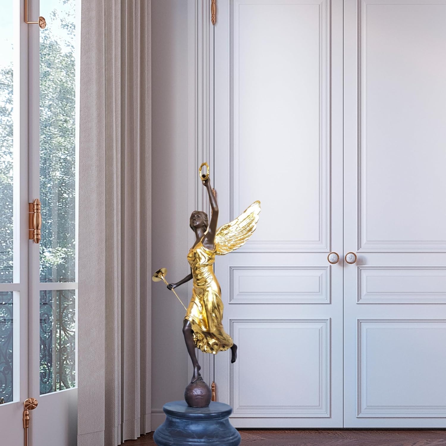 Large Gilded Bronze Angel with Trumpet and Laurel Wreath Sculpture