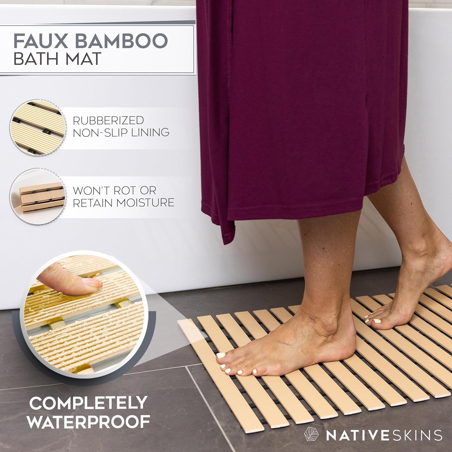 NativeSkins Faux Bamboo Bath Mat - Non-Slip Waterproof 169 x 307 in Teak