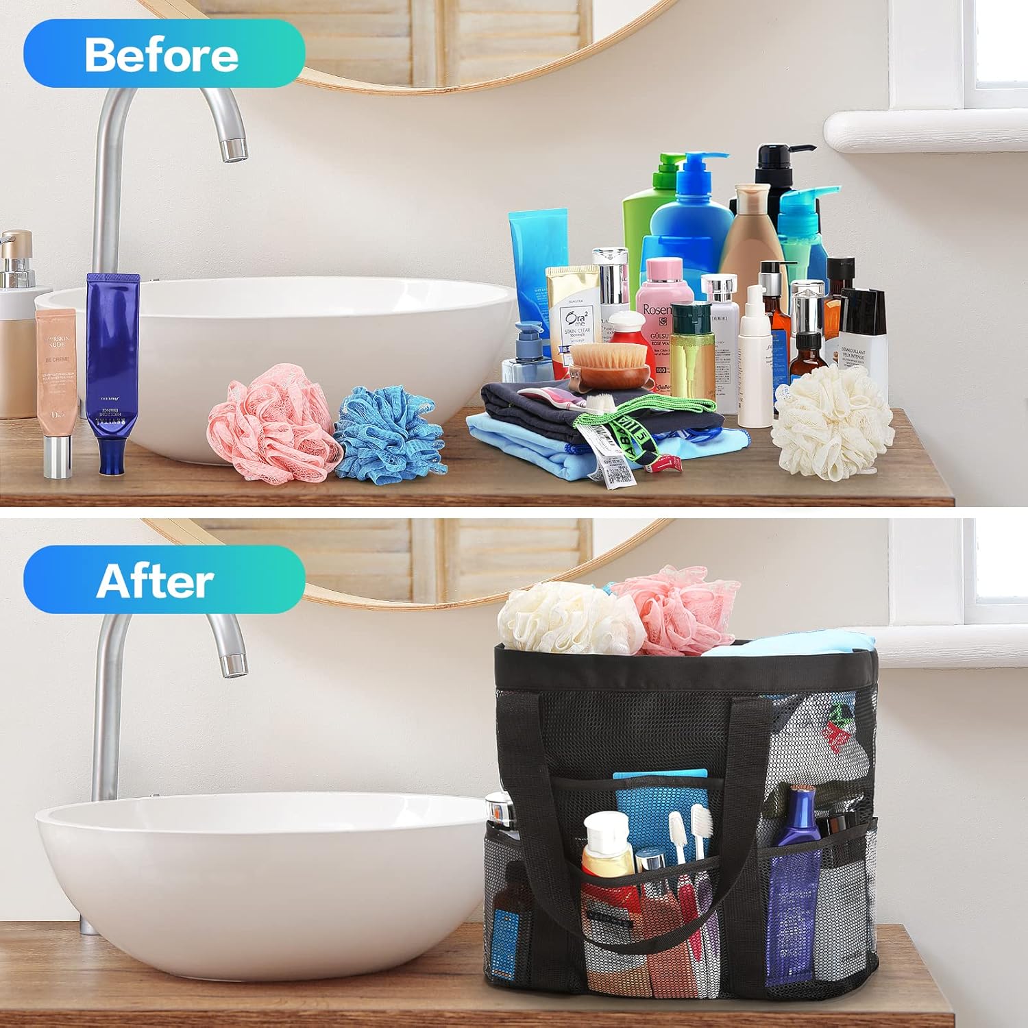 HAOGUAGUA Large Mesh Shower Caddy - 8 Side Pockets Durable Quick Drying Black