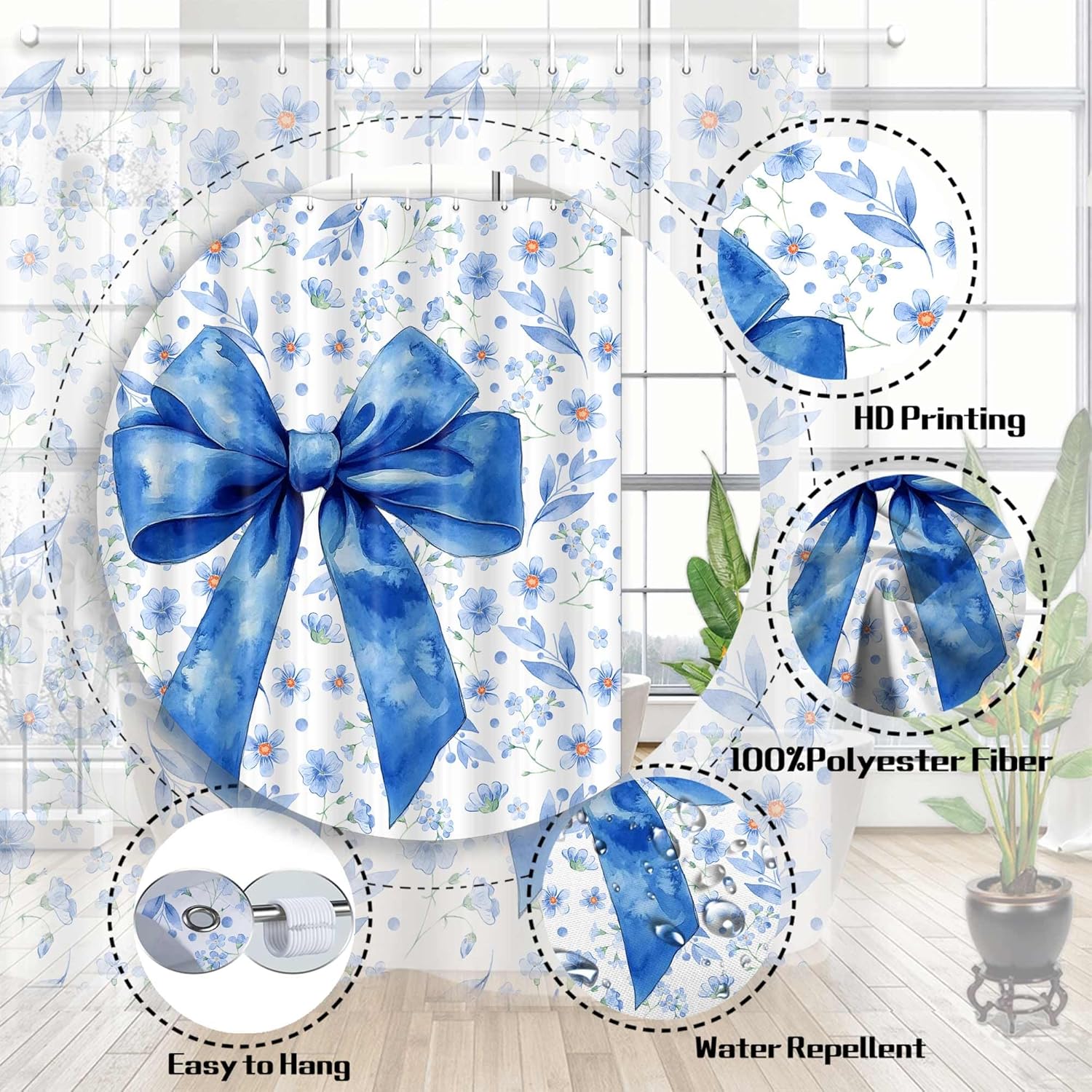 Blue Bow Shower Curtain Set 72x72in