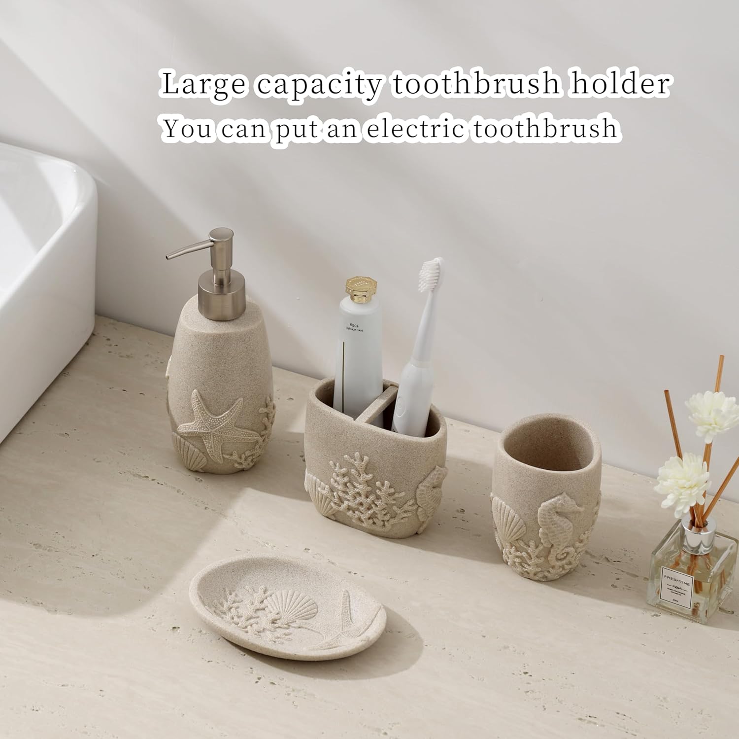 Haocoott 4PC Bathroom Accessory Set with Sea Decor Beige