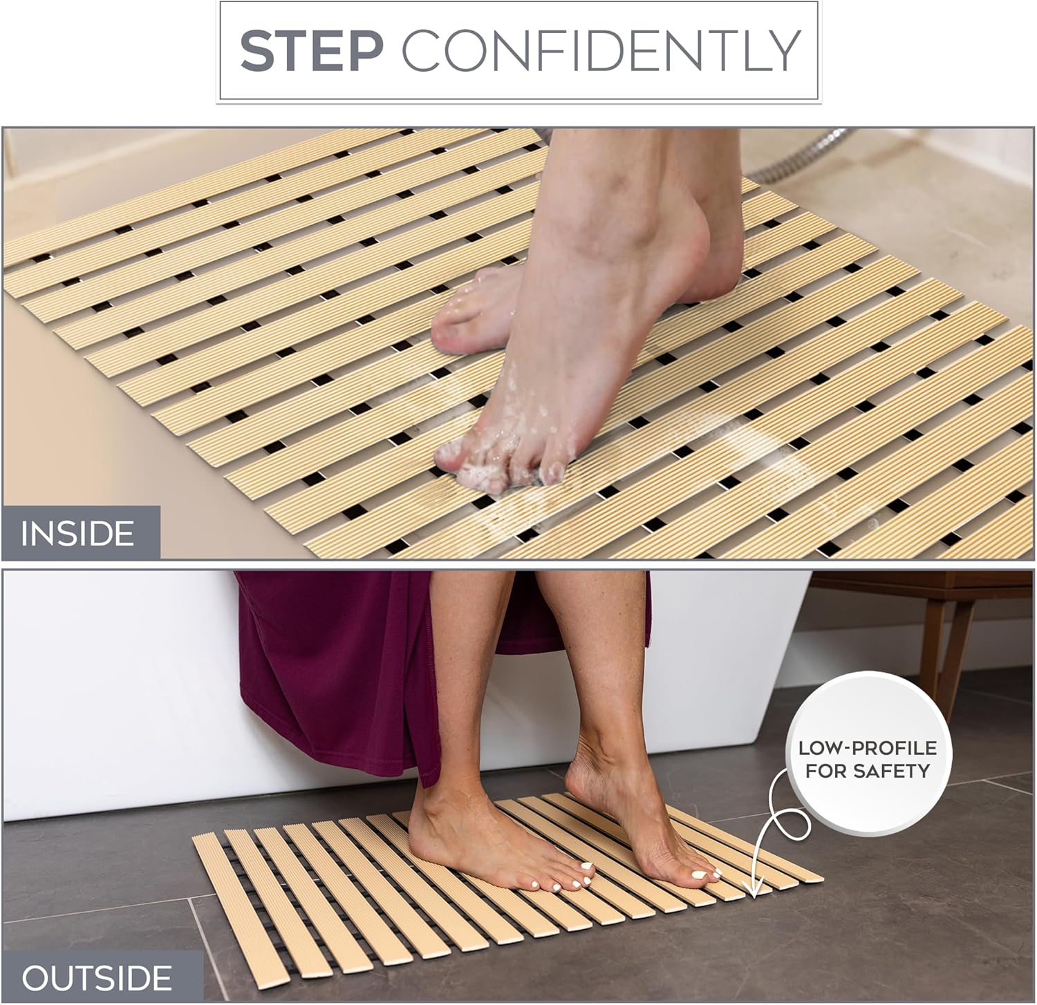 NativeSkins Faux Bamboo Bath Mat - Non-Slip Waterproof 169 x 307 in Teak