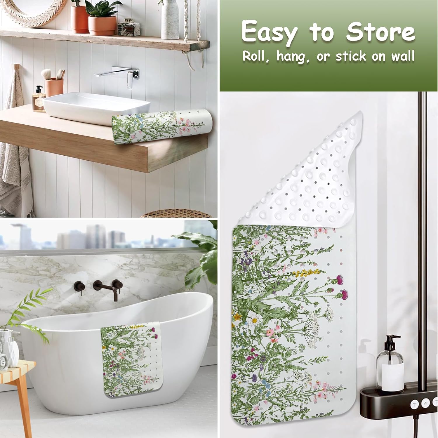 Non Slip Flower Bathtub Mat with Suction Cups 40x16 Inch