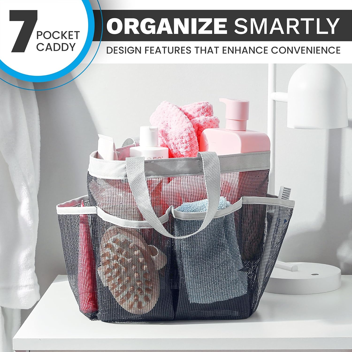 Handy Laundry Mesh Shower Caddy Bag - 7 Pockets Collapsible Portable