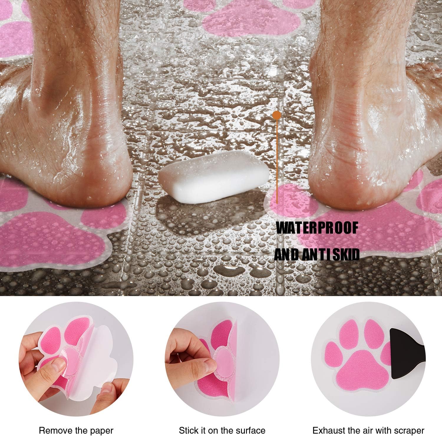 Non-Slip Bathtub Stickers with Scraper Pink