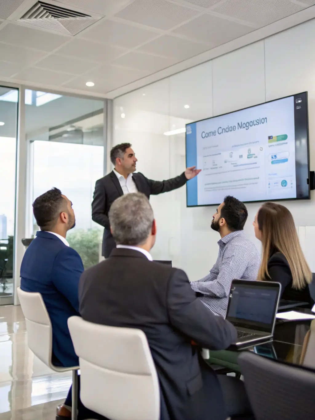 A consultant presenting a cloud migration plan to a client in a boardroom, with a visual representation of cloud infrastructure on a screen, illustrating cloud solutions.