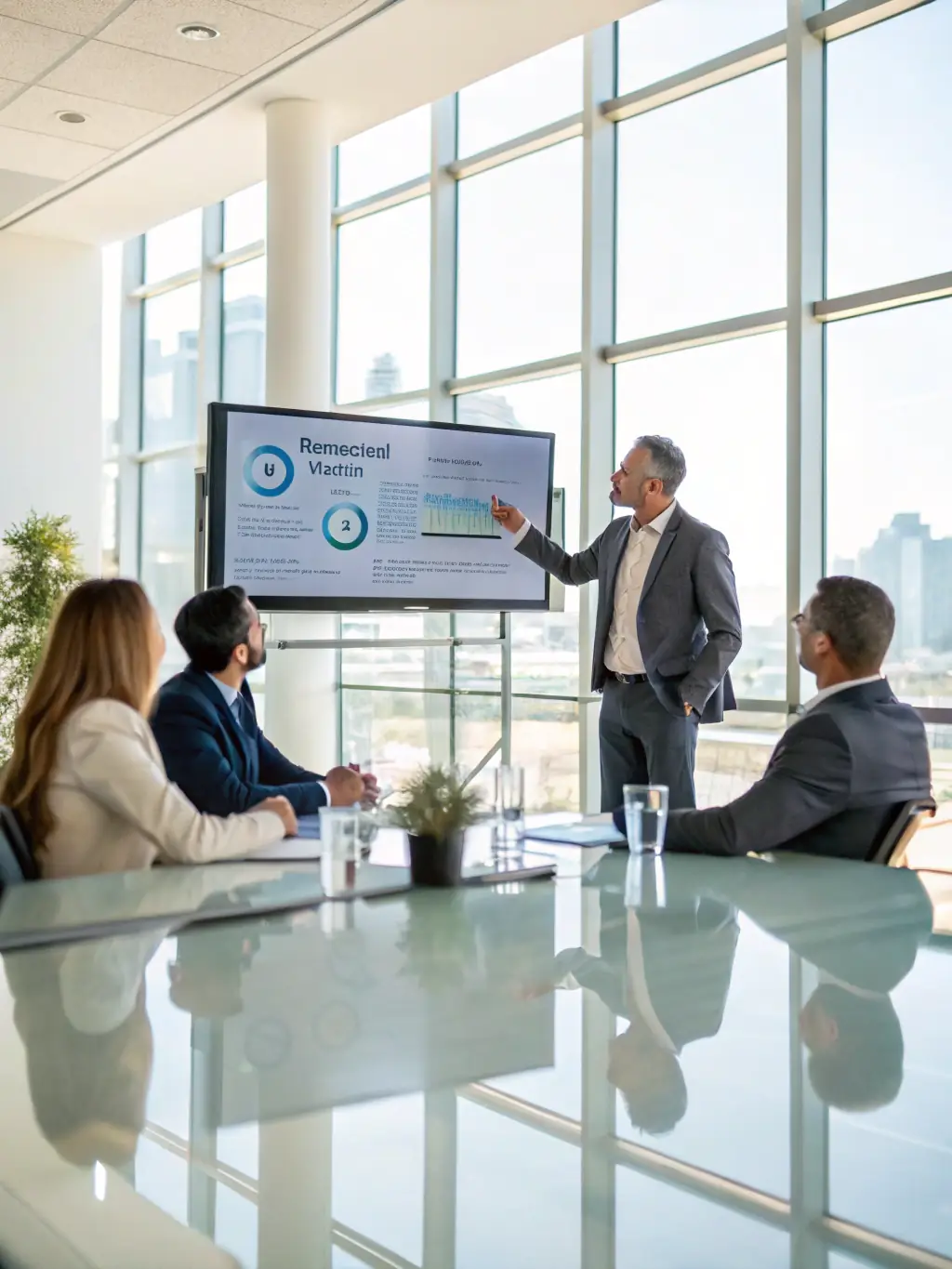 A professional image of a consultant presenting a detailed IT strategy plan to a group of business executives in a modern boardroom setting.