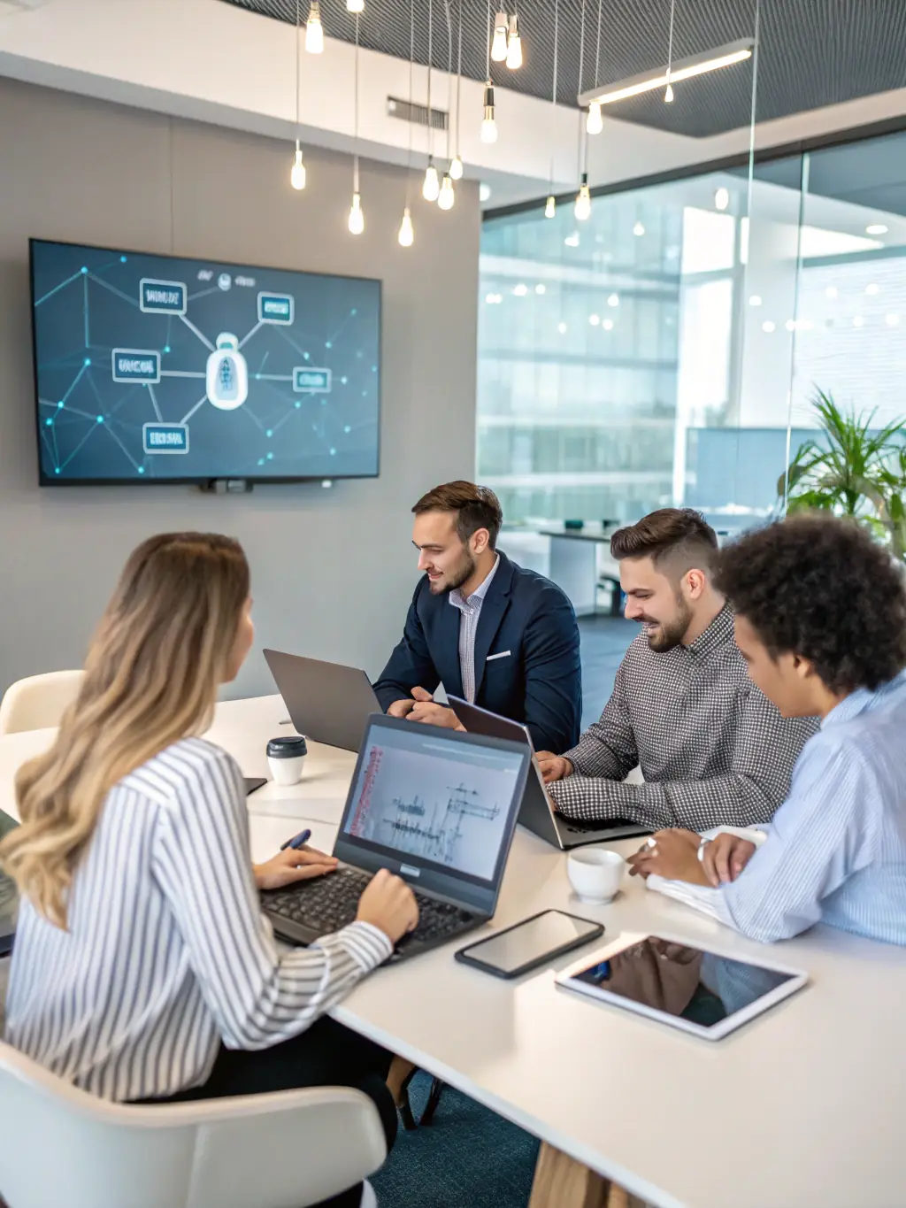 A team of IT consultants collaborating around a table, reviewing network diagrams and discussing cybersecurity strategies, symbolizing IT security and infrastructure.