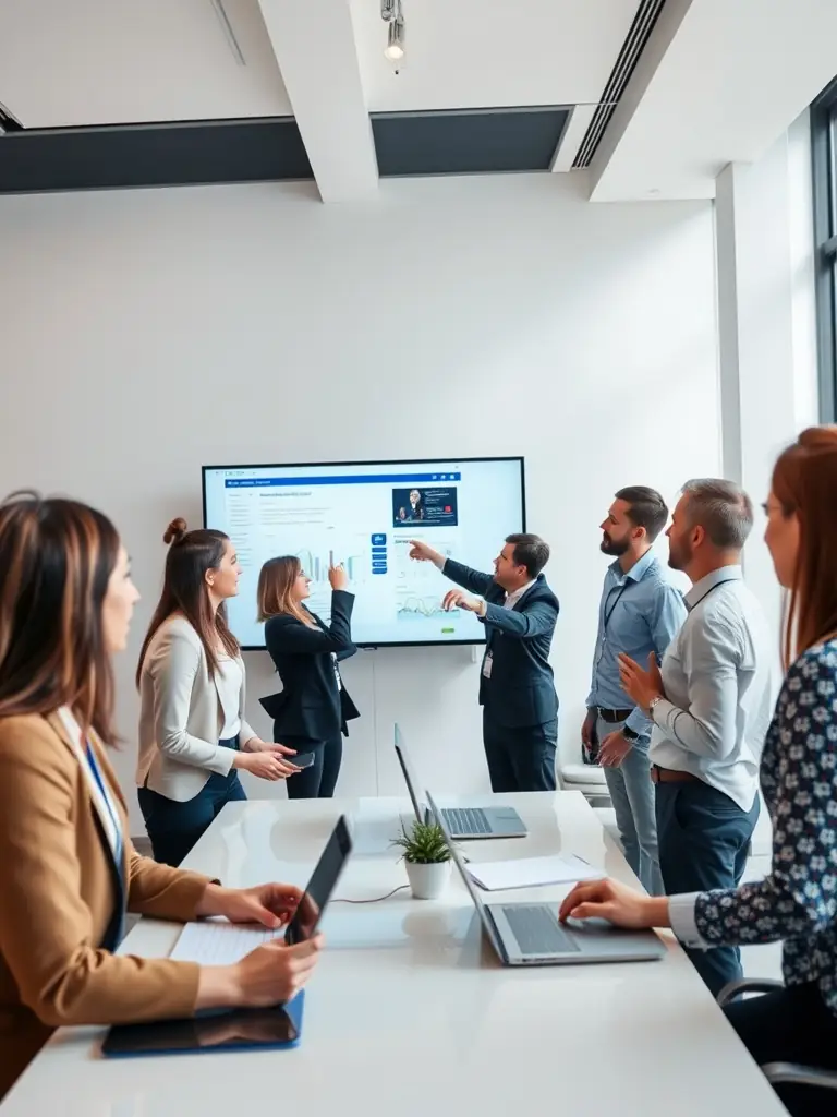A dynamic image showing consultants collaborating with a client on a digital transformation strategy, using tablets and interactive displays to visualize data and solutions.