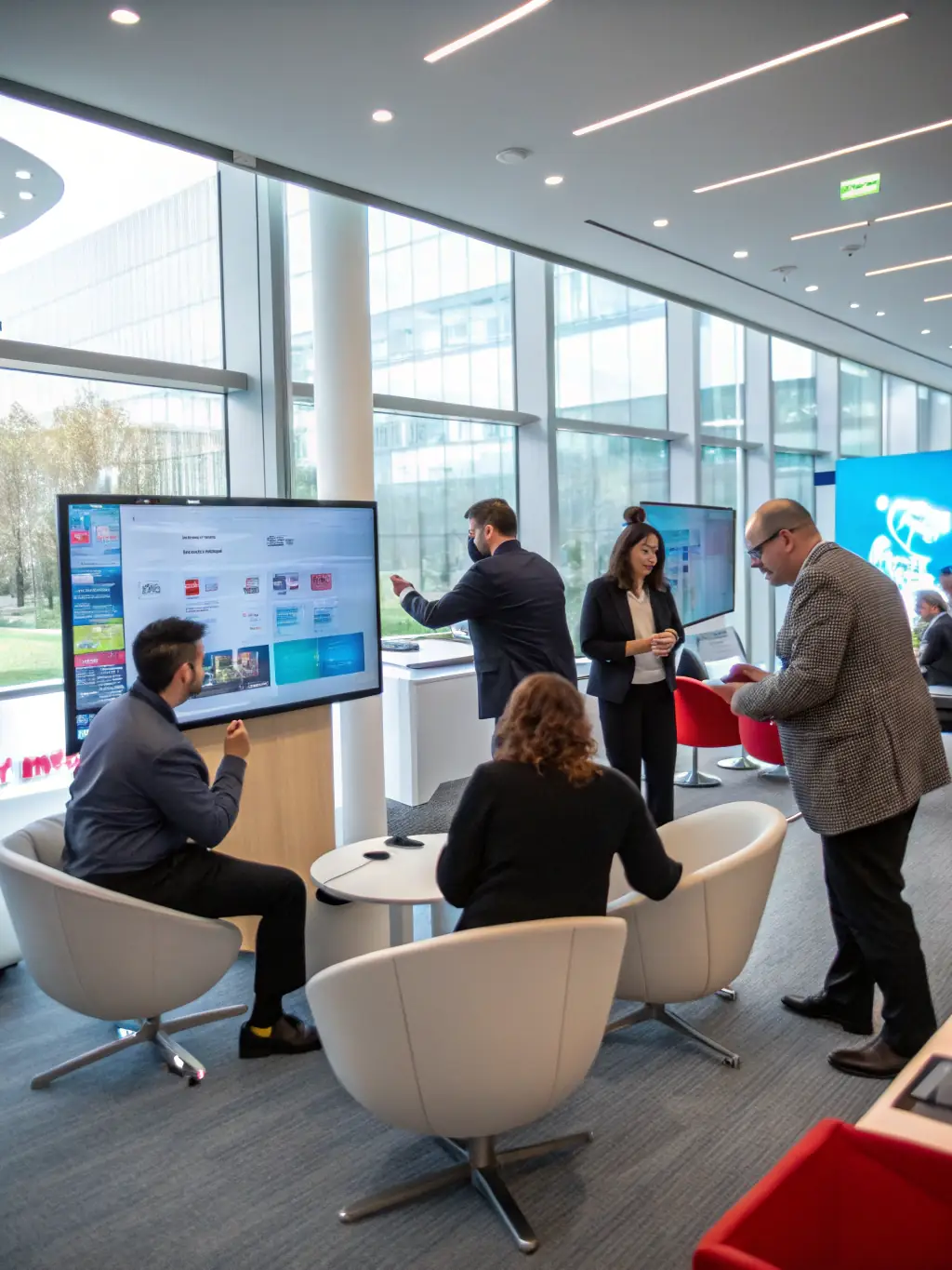 A consultant conducting a workshop on digital transformation for a group of employees, with interactive displays and collaborative activities, representing digital transformation.